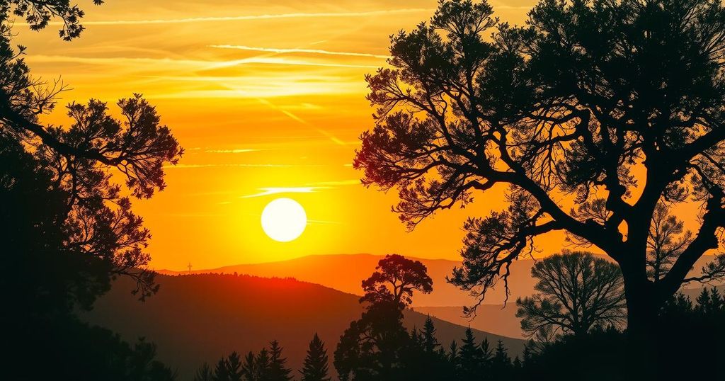 A vibrant golden yellow sunset over a tranquil landscape, symbolising optimism and rising morale.