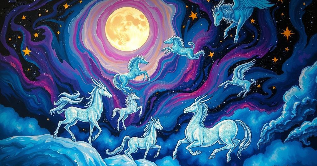 Celestial illustration featuring zodiac signs aligned with vibrant cosmic colours and a radiant full moon, symbolising energy.