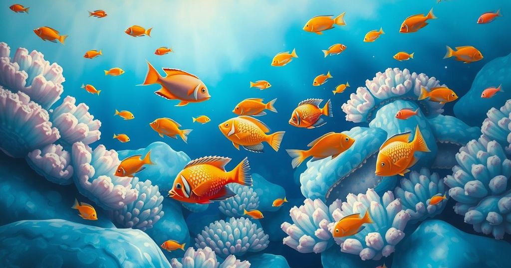 A serene underwater scene featuring vibrant fish and soft coral reefs, evoking a dreamy, mystical atmosphere.