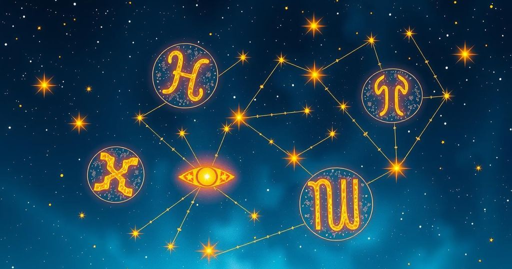 Celestial harmony depicting zodiac symbols in a cosmic night sky with rich blues and golden accents.