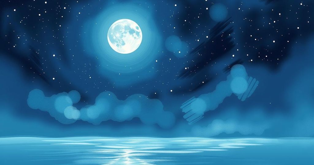 A celestial scene depicting a serene night sky with stars and a glimmering moon, embodying tranquility and reflection.