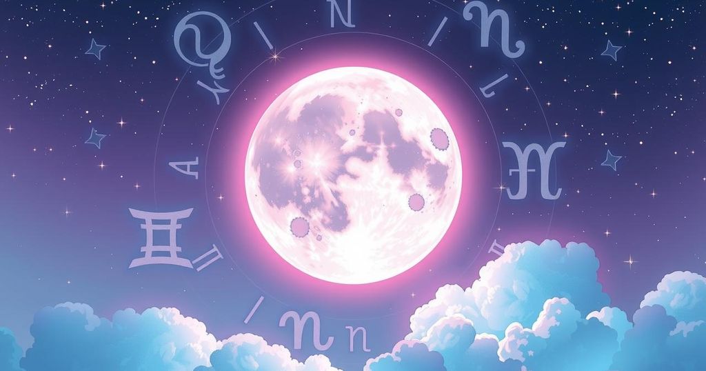 Celestial themed design with zodiac symbols and a full moon in a night sky, featuring pastel colours and a mystical atmosphere.