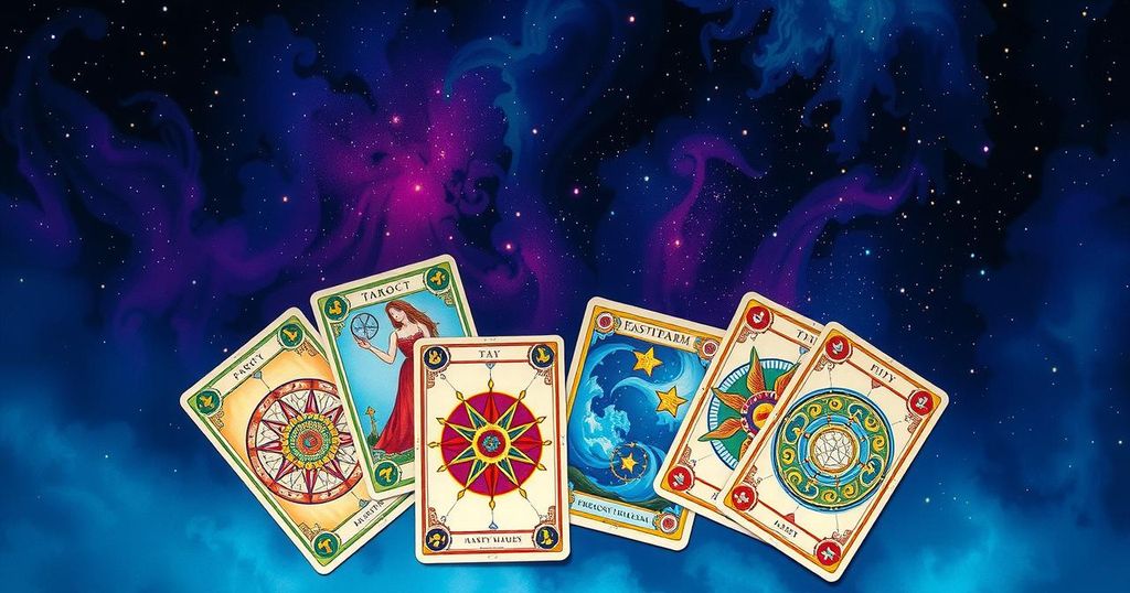 Colourful starry background with tarot cards spread out, each representing a zodiac sign's weekly forecast.