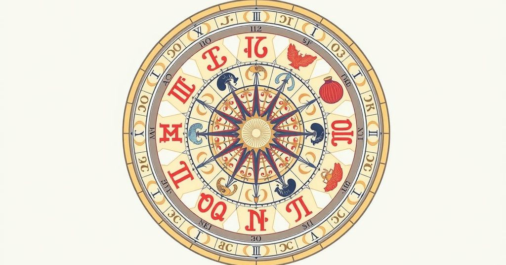 A stylised horoscope wheel surrounded by zodiac symbols, presented in pastel colours, reflecting astrological insights.