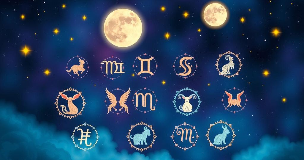 A whimsical illustration portraying zodiac signs against a cosmic backdrop, symbolising love and introspection in relationships.