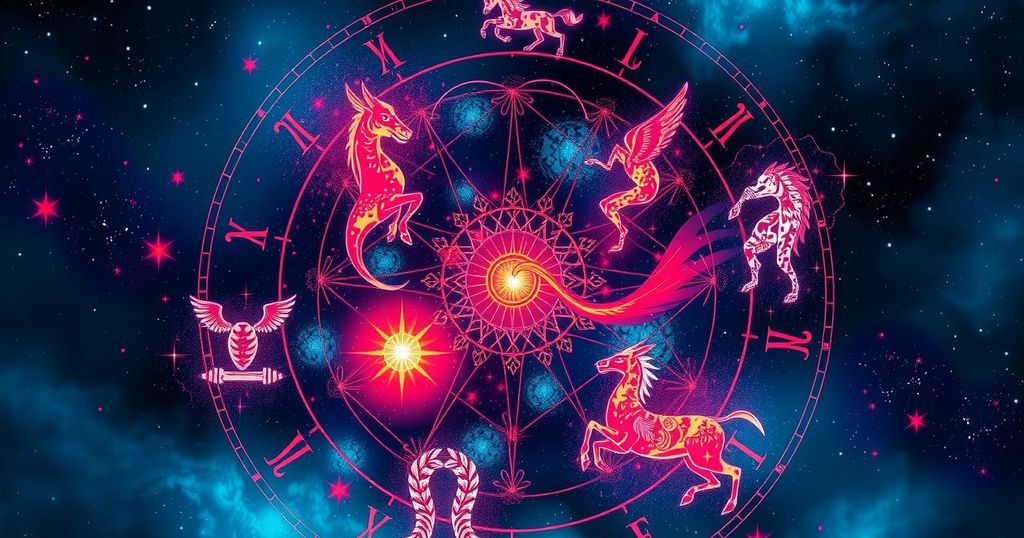 A vibrant astrological chart with zodiac symbols and celestial bodies representing love horoscopes for May.