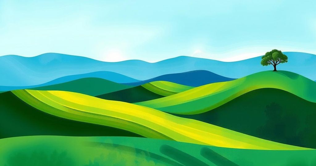 A serene scene of green hills under a tranquil sky, symbolising peace and humility in life.