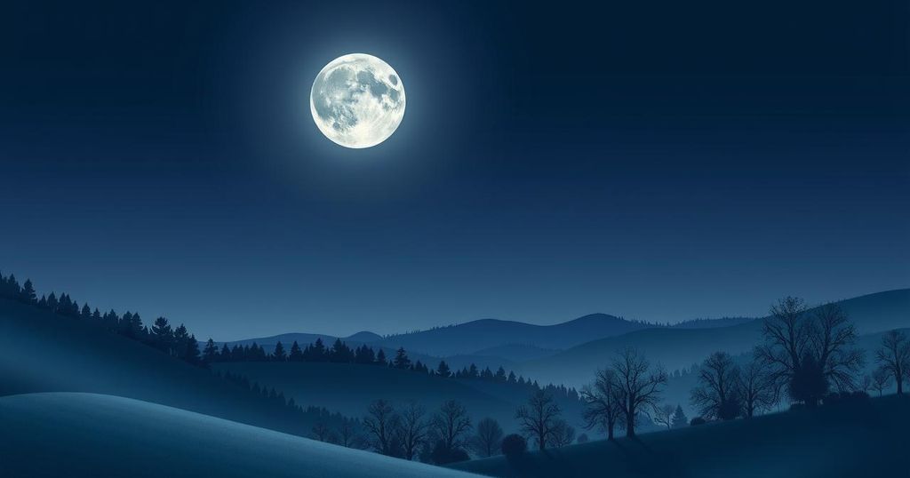 A serene landscape with a waxing gibbous moon in a starry night sky, symbolising personal growth and reflection.