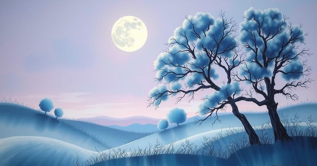 A serene evening scene with a beautiful moon over a tranquil landscape, symbolising harmony and connection.
