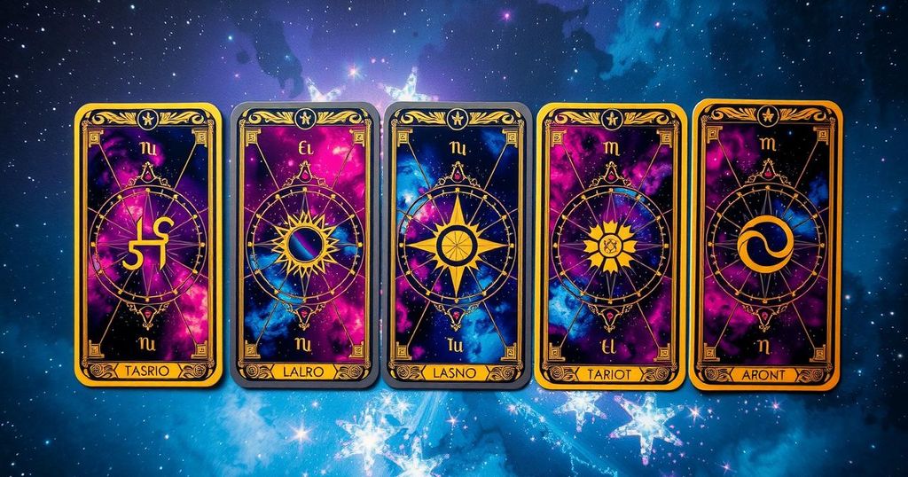Tarot cards representing zodiac signs with celestial backgrounds and astrological symbols in vibrant colours.
