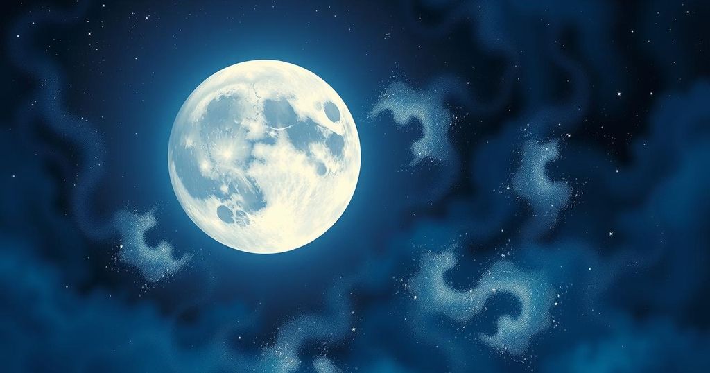 Celestial scene with a full moon in a dark sky adorned with twinkling stars and abstract cosmic patterns.