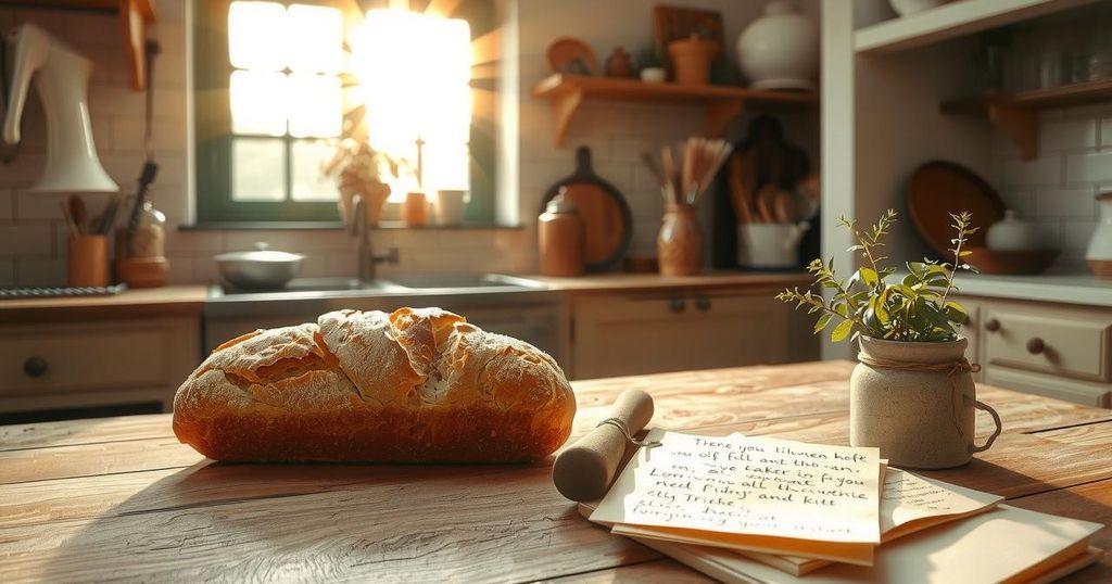 A serene kitchen with warm sunlight illuminating a rustic scene of fresh bread and handwritten notes.