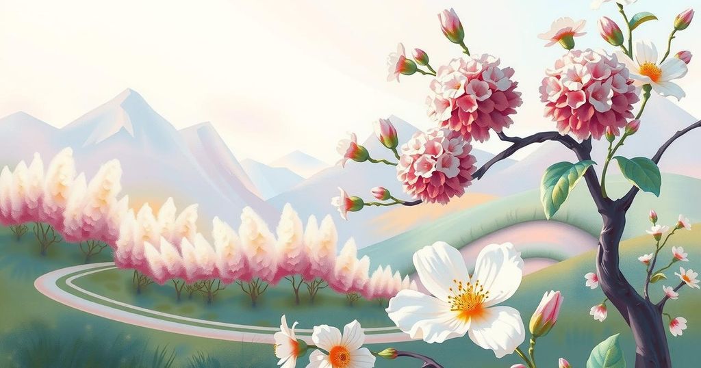 A serene landscape depicting springtime, focusing on blooming flowers and a tranquil path, reflecting renewal and harmony.