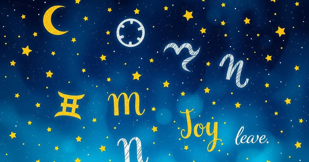 A starry night sky with zodiac signs illustrated, reflecting hope and positive energy for April horoscopes.
