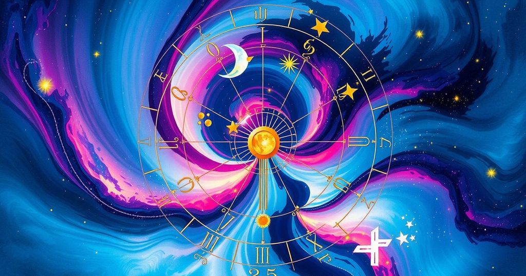 A colourful astrological chart featuring zodiac symbols with vibrant hues and celestial patterns, representing horoscopes.