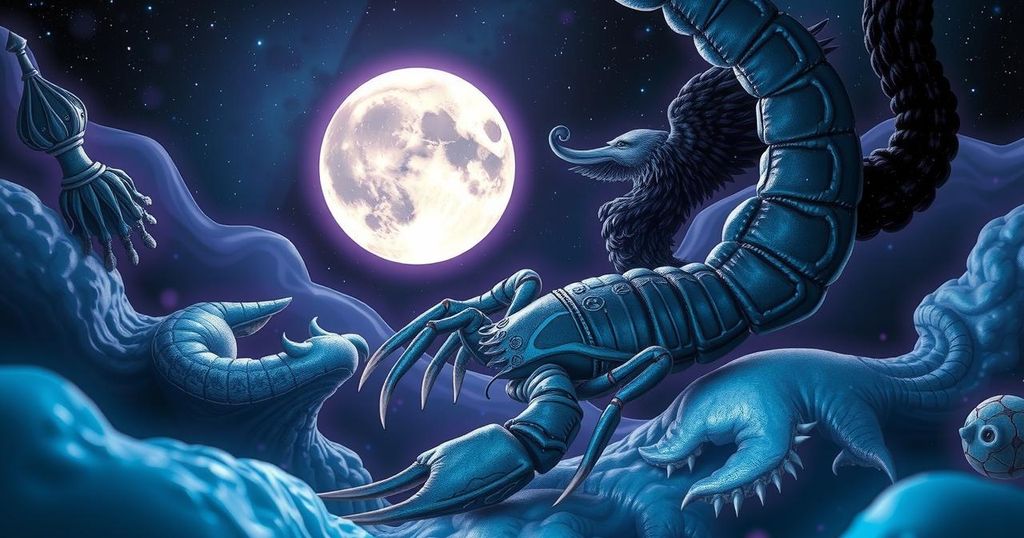 Celestial themed illustration of a full moon in Scorpio surrounded by zodiac symbols and vibrant emotional colours.