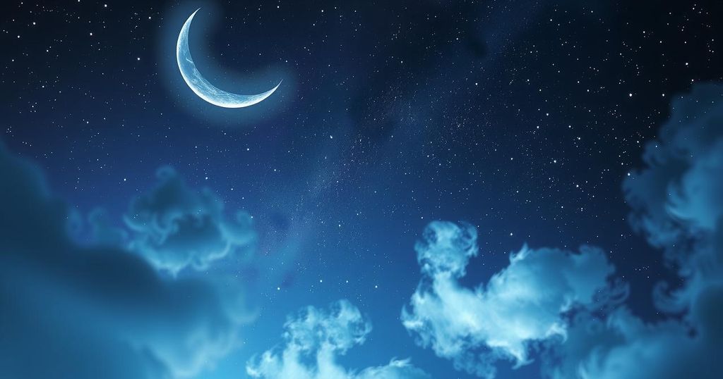A mystical night sky with stars and a crescent moon, symbolizing romantic energy and introspection.