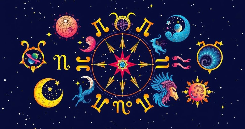 A celestial design showcasing the twelve astrological symbols with vibrant colours and mystical elements.