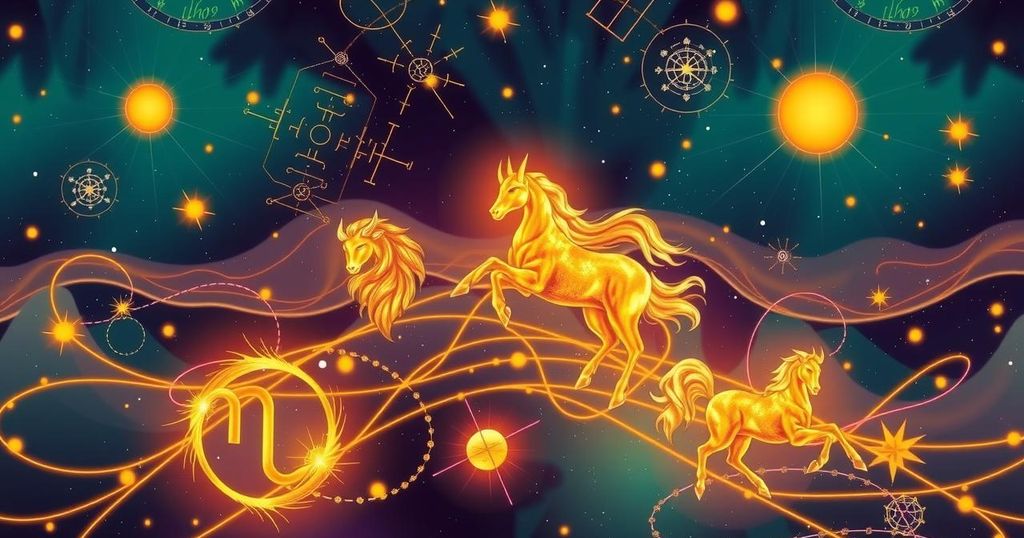 Five zodiac signs with powerful horoscopes illustrated with astrological symbols and cosmic elements in deep teal, gold and purple hues.