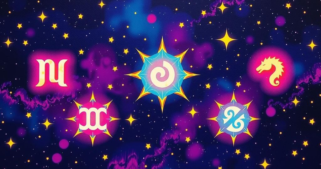 Colourful celestial scene depicting five zodiac symbols with a cosmic background representing cosmic energies and connections.