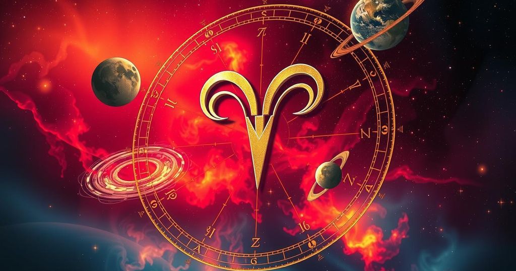 Astrological chart with Aries symbol and cosmic elements, showcasing vibrant red and gold hues representing power and creativity.