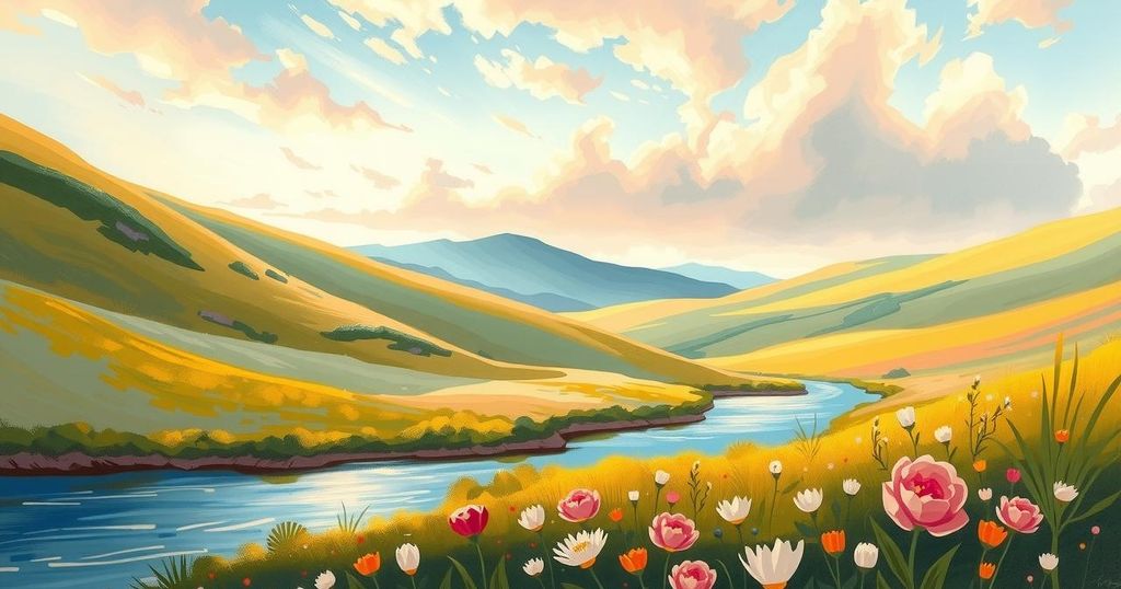 A serene landscape with vibrant colours showcasing creativity and self-expression amidst nature's beauty.