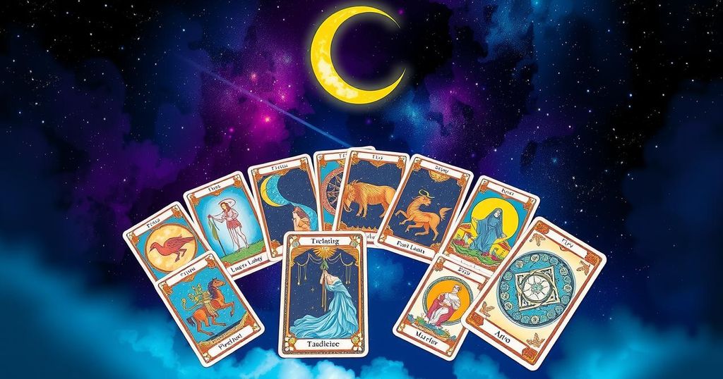 A tarot card spread with the Moon and zodiac symbols, vibrant colours evoke cosmic energy and intuition.