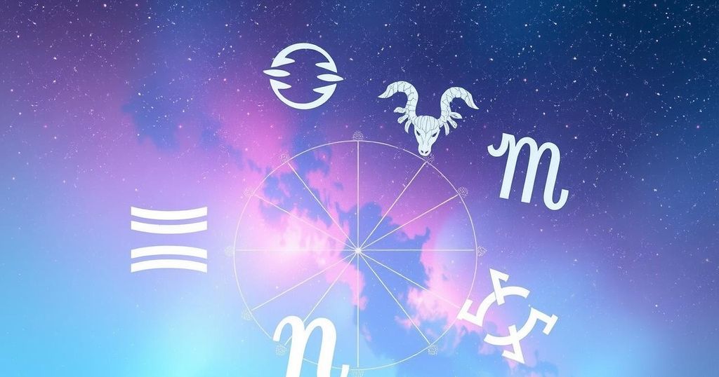 Astrological symbols representing zodiac signs on a starry background with subtle pastel colours.