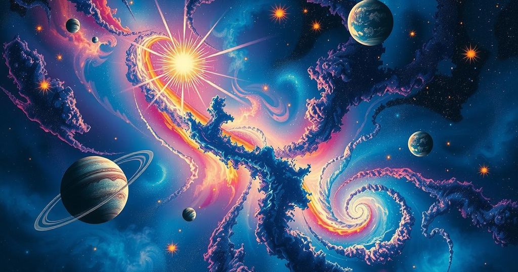 A celestial landscape showcasing constellations, planets, and vibrant cosmic colours, symbolising astrological themes.