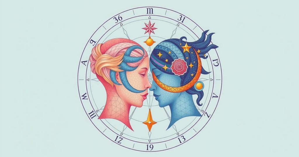 Astrological symbols with a soft colour palette illustrating complex relationship dynamics and emotional connections.