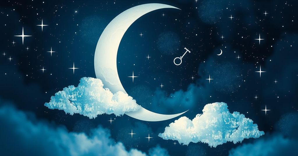 Astrological theme with celestial bodies, stars, and constellations in a midnight sky, featuring a crescent supermoon in Gemini.
