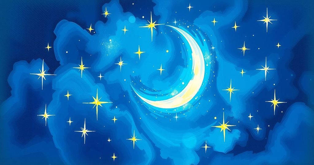 A vibrant celestial scene depicting a crescent moon and sparkling stars against a dark blue sky, symbolising positivity.