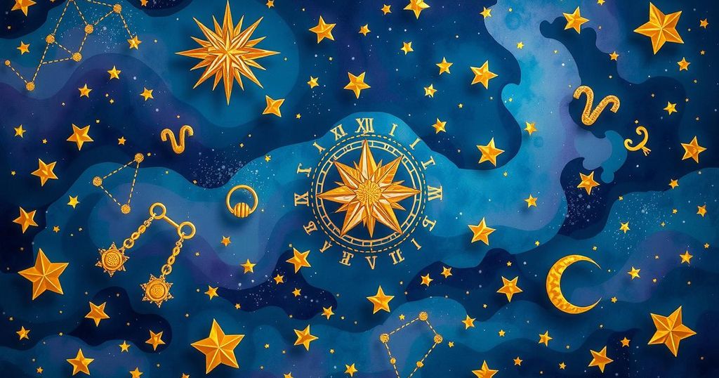 Astrological symbols with celestial stars and vibrant colours depicting weekly horoscopes.