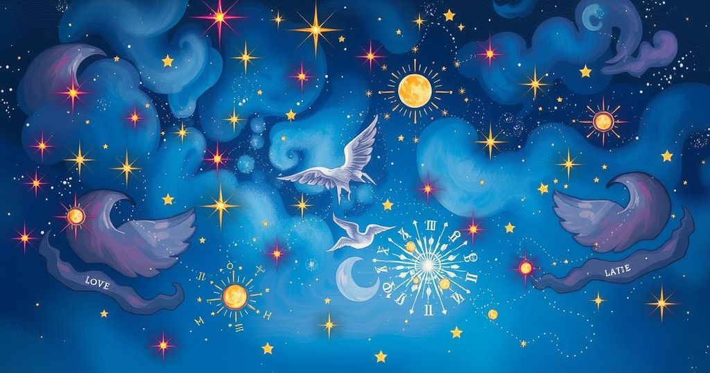 A serene night sky with twinkling stars and zodiac constellations, blending soft blues and deep purples.