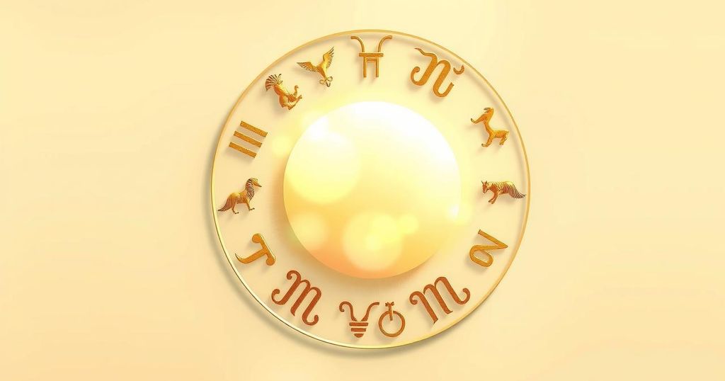 Zodiac signs symbols with astrological predictions in pastel colours, representing the daily horoscope.