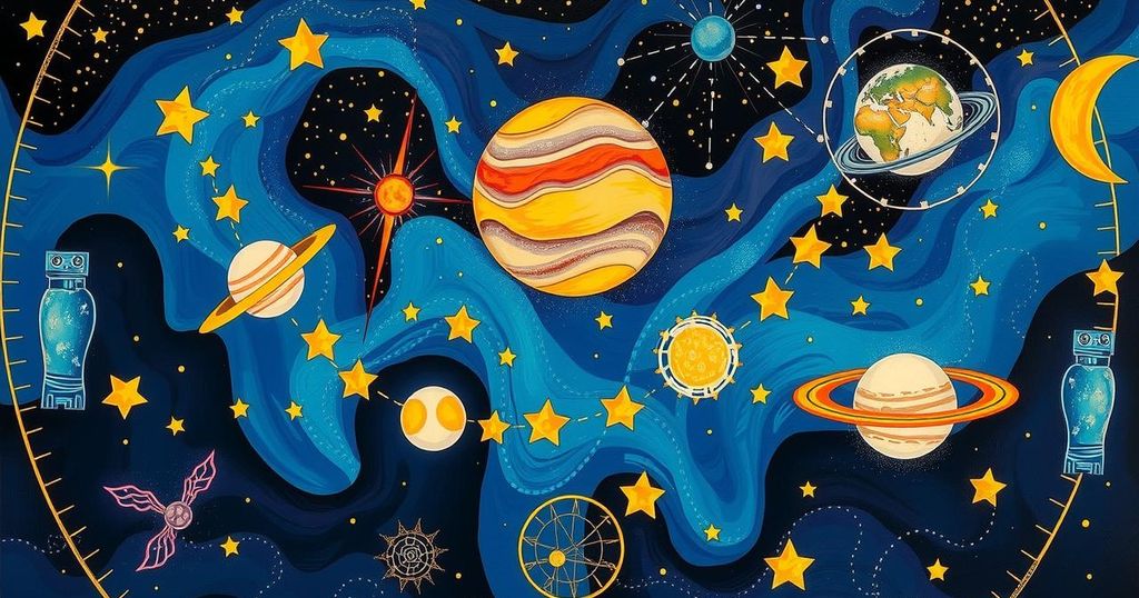 A symbolic representation of astrology with celestial bodies and zodiac signs in vibrant colours.