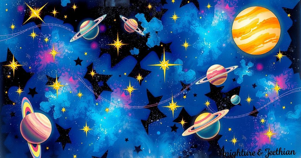 A vibrant cosmic scene featuring stars and planets symbolizing confidence and magnetism.