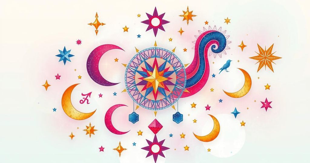 Astrological symbols with celestial elements in pastel hues, representing creative inspiration and cosmic energy.