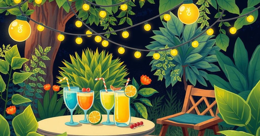 A vibrant illustration of a night garden with sparkling fairy lights and drinks, capturing a joyful, light-hearted mood.