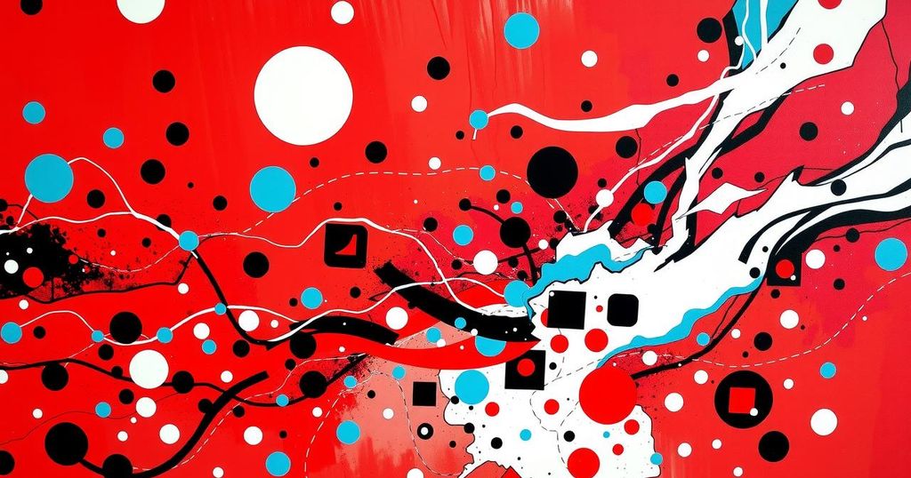 An abstract painting with vibrant red hues, symbolising growth and positivity, featuring dynamic swirls and shapes.