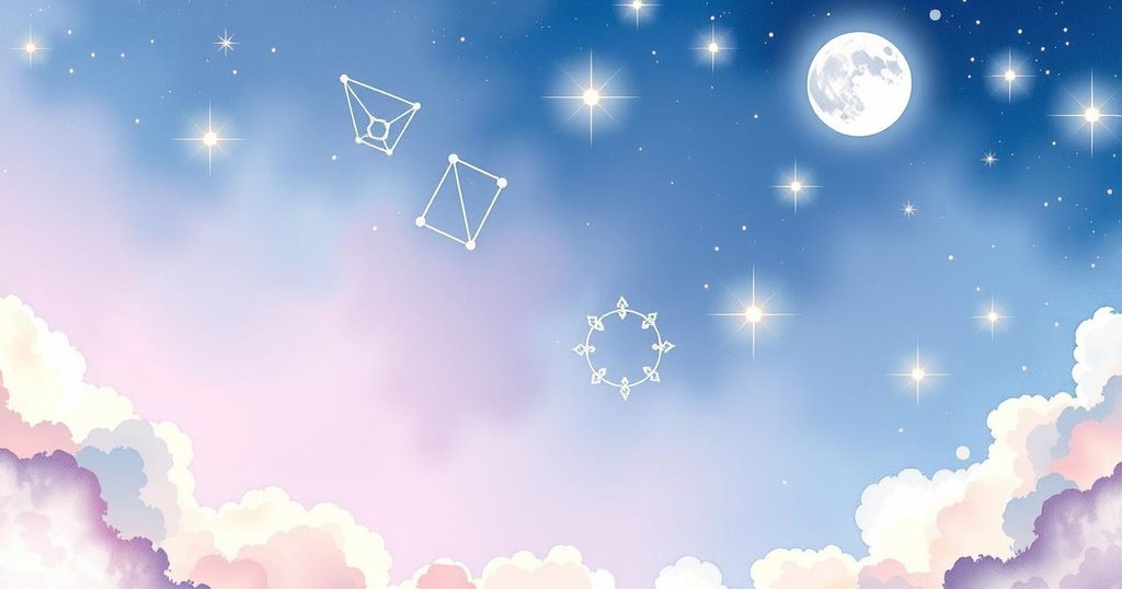 A cosmic scene illustrating zodiac signs and celestial bodies during a new moon phase, with soft pastel colours.