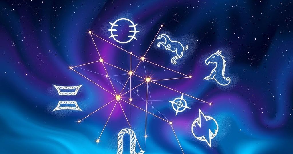 A vibrant astrological theme featuring stars and zodiac symbols in harmonious colours.