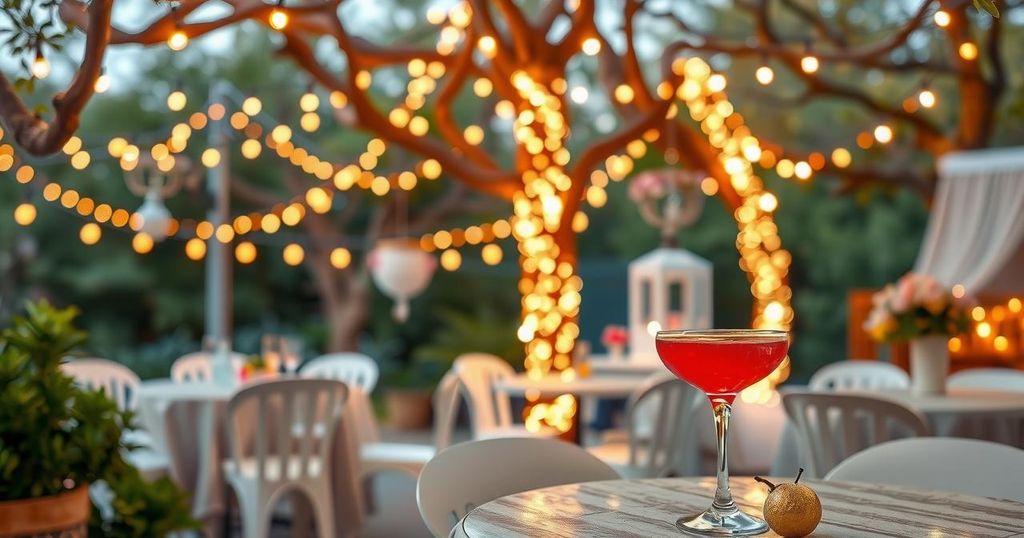 A whimsical scene of twinkling fairy lights and refreshing drinks symbolising optimism and joy during Gemini season.