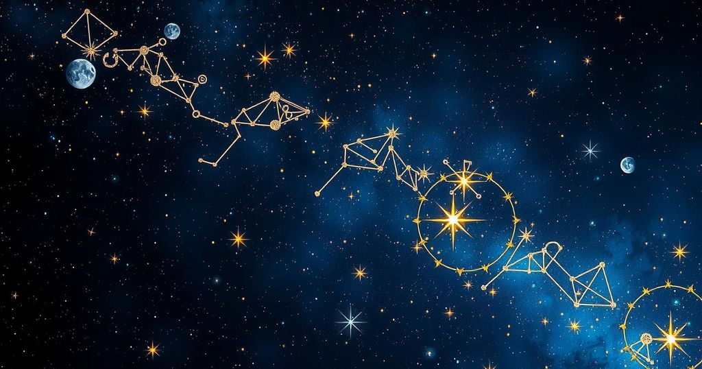 A vibrant cosmic scene highlighting the allure of the stars in a dynamic colour palette of blue and gold.