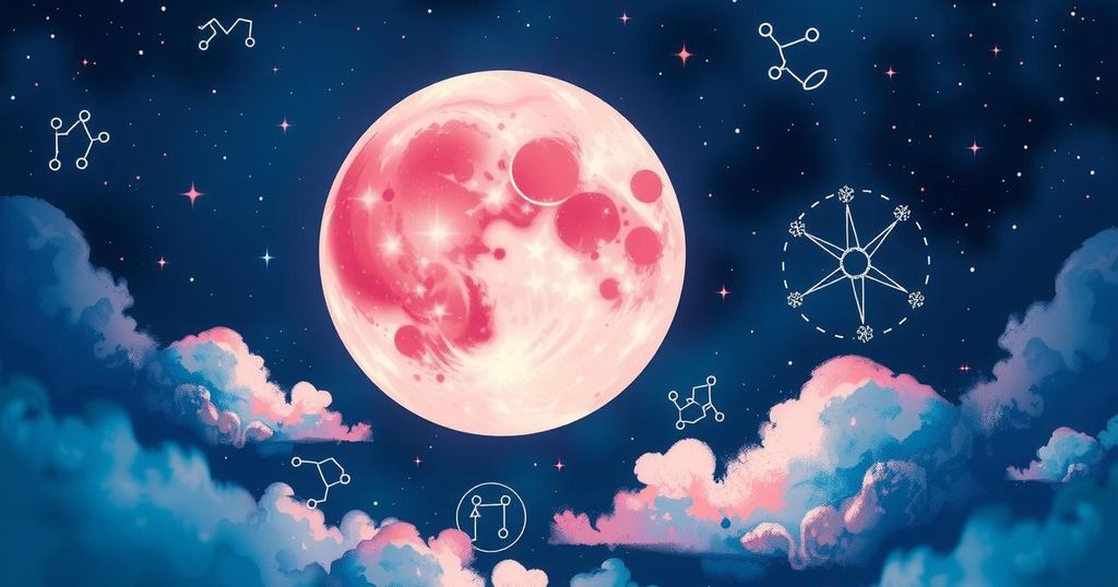 A celestial scene depicting a full Strawberry Moon in Sagittarius surrounded by zodiac constellations and cosmic elements.