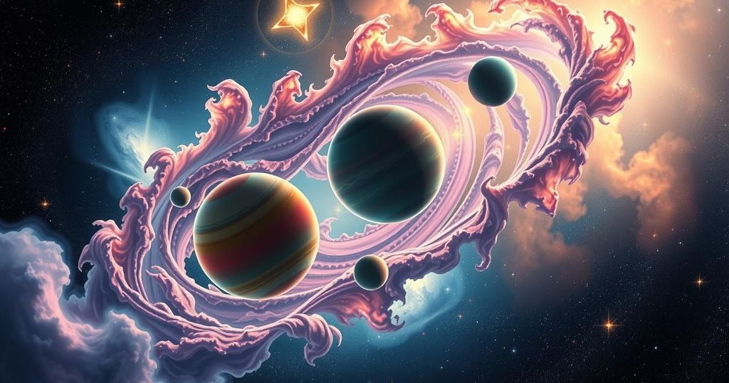 A mystical cosmic scene with planets Venus and Neptune amidst bright stars, embodying harmony and imagination.