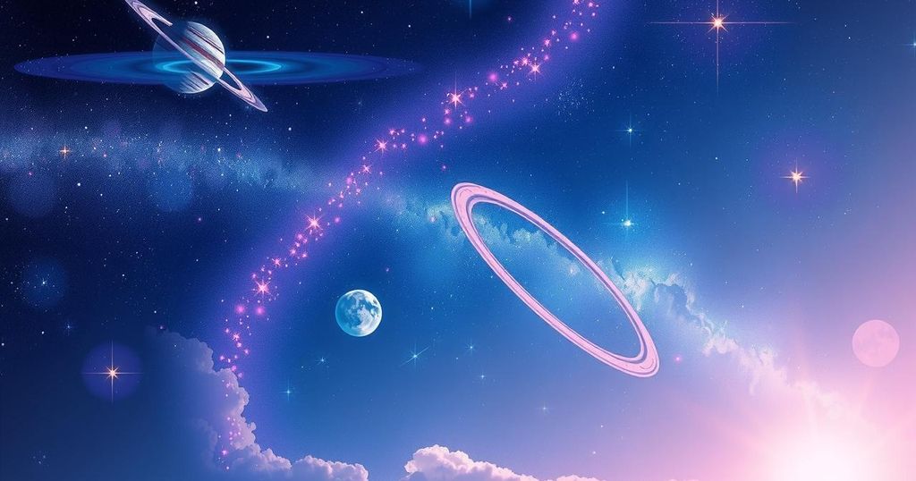 A celestial scene with stars and planets in harmonious alignment, reflecting themes of romance and introspection.