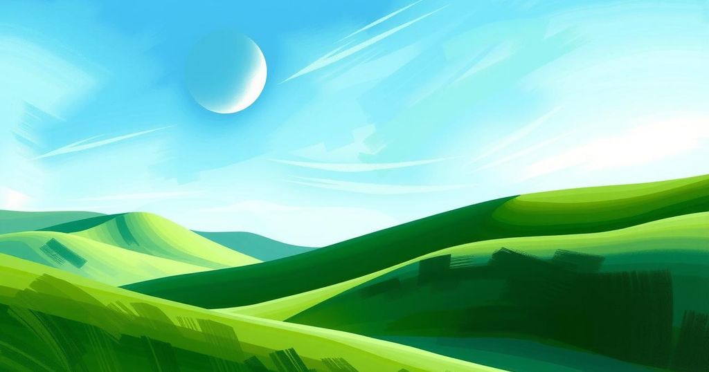 A serene landscape featuring lush green hills and a clear blue sky, symbolizing harmony and respect.