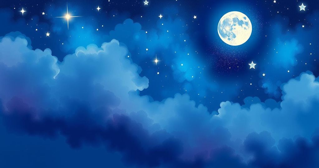 A vibrant New Moon scene in a starry sky with soft blue and purple hues, symbolizing love and romance.