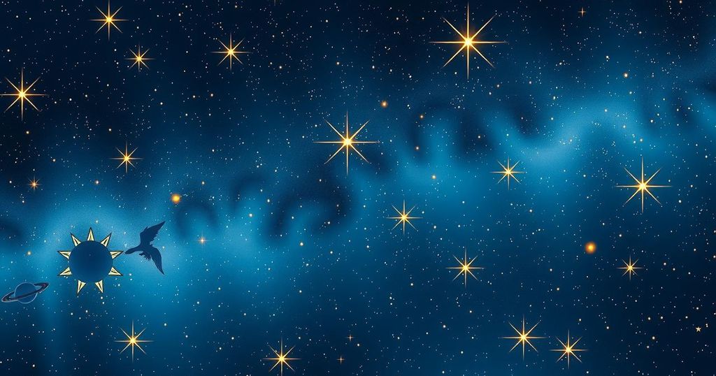 A tranquil night sky featuring zodiac constellations and celestial elements in soft blue and gold hues.